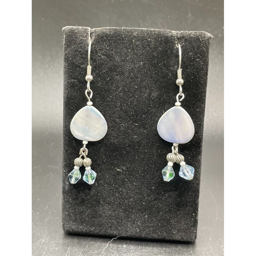 Blue, White & Purple Heart Beaded Cluster Earrings Length 1.75 Inches